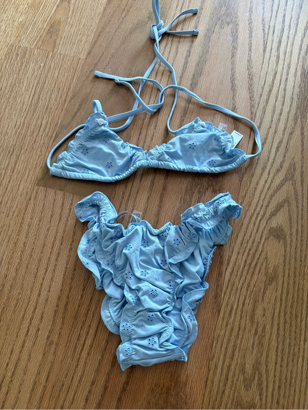 Frankie's Bikinis Light Blue Eyelet Ruffle Triangle Bikini